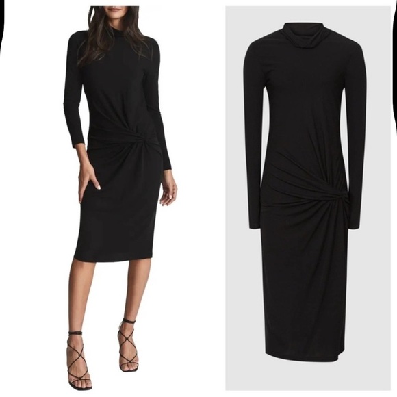 Reiss Dresses & Skirts - REISS Freya Black Twist Front Bodycon Midi Dress Sz 6 Minimalist Evening Chic
